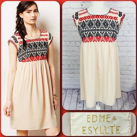Edme & Esyllte Petra Cream with Blue & Red Aztec Embroidery A-Line Swing Dress - Picture 1 of 10